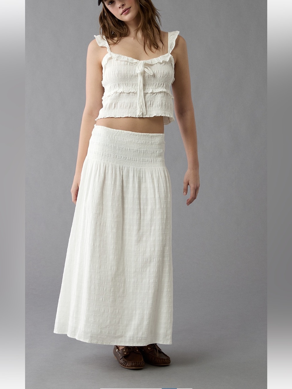 American Eagle Outfitters White Smocked Maxi Skirt & shirt set